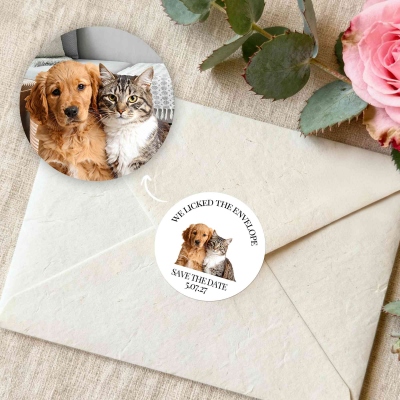 Personalized Pet Photo Round Stickers with Name, Waterproof Self-Adhesive Wedding Party Labels, Engagement/Wedding Gifts for Newlyweds/Couples