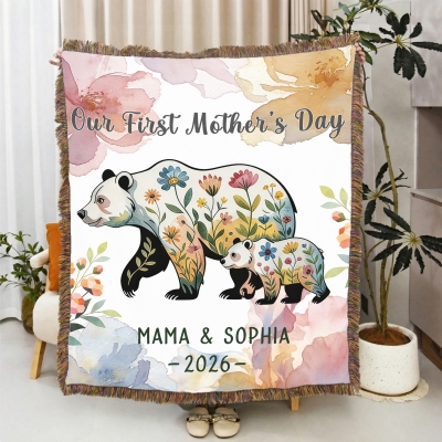 Personalized Name Floral Mama Bear & Cub Blanket with Tassels, Flannel Bed Couch Throw, Home Decor, Birthday/Mother’s Day Gift for Mom/Grandma