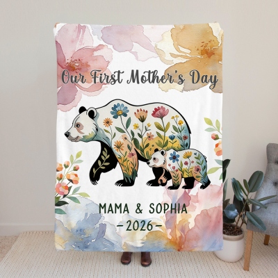 Personalized Name Floral Mama Bear & Cub Blanket, Flannel/Sherpa Throw for Bed Couch, Home Decor, Birthday/Mother’s Day Gift for Mom/Grandma