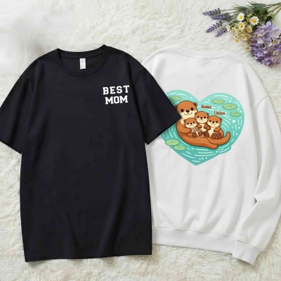 Personalized Names Otter Mama & Babies Heart Design Best Mom T-shirt/Sweatshirt, Multicolor Crewneck Top, Birthday/Mother’s Day Gift for Mom/Grandma