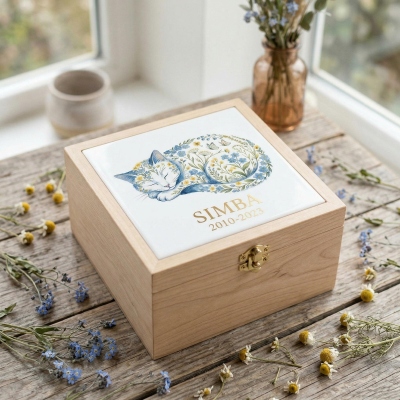 Personalized Floral Design Cat Memorial Urn Box with Name and Date, Wooden Pet Ashes Cremation Urn Box, Pet Loss Sympathy Gift for Pet Lover/Owner