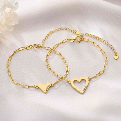 Personalized Mom and Daughter Heart Bracelets with Names, Dainty Adjustable Bracelets Set of 2, Mother’s Day/Birthday Gift for Mom/Grandma/Daughter