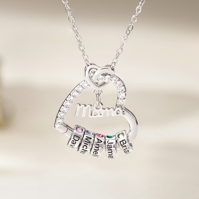 Personalized Multiple Rings Heart Necklace with Names & Birthstones, Dainty Family Jewelry, Birthday/Mother’s Day Gift for Her/Wife/Mom/Grandma