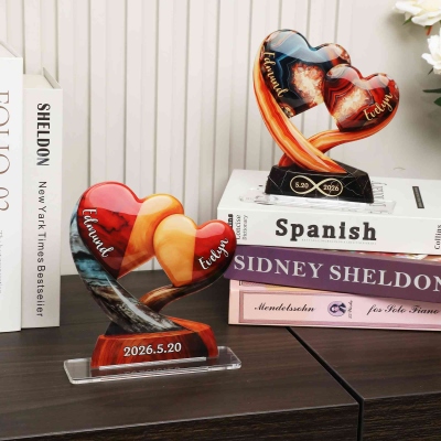 Personalized Couple Names & Date Interlocking Heart Tree Plaque, Acrylic Love Sculpture with Base, Valentine's Day/Anniversary Gift for Him/Her/Couple