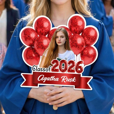 Personalized Graduation Balloon Face Fan with Name, Class of 2026 Photo Prop with Wooden Handle, Commencement Party Favor, Gift for Graduated/Seniors