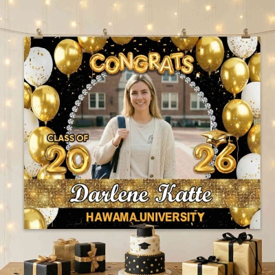 Personalized Photo Congrats Graduation Balloons Design Glitter Backdrop with Name & Year, Class of 2026 Graduation Party Banner, Gift for Graduates