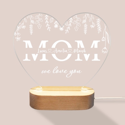 Personalized Family Names Heart Shaped LED Night Light, Acrylic Night Lamp with Wooden Base, Birthday/Mother's Day Gift for Mom/Grandma/Family