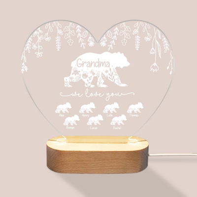Personalized Floral Bear Family Heart Night Lamp with Names, Night Light with Wooden Base, Home Decor, Birthday/Mother's Day Gift for Family/Mom