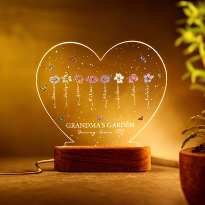 Custom Names & Birth Flowers Grandma's Garden Heart LED Night Light, Acrylic Night Lamp with Wooden Base, Birthday/Mother's Day Gift for Mom/Grandma