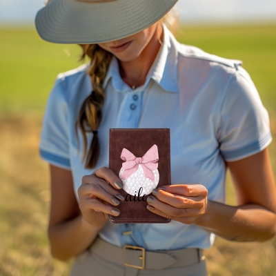 Custom Name Pink Coquette Bow Leather Golf Scorecard Holder, Golf Yardage Book Cover, Golf Accessories, Gift for Female Golfer/Her/Bridesmaids