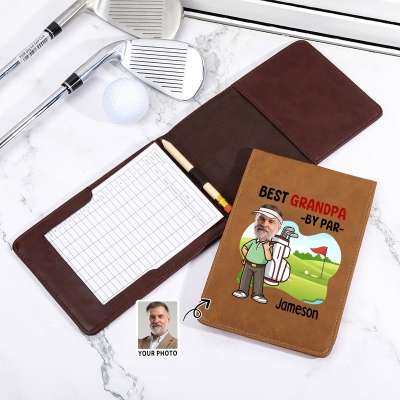 Custom Name & Face Photo Best by Par Golf Scorecard Holder, Leather Golf Yardage Book Cover, Golf Accessories, Gift for Golf Lovers/Players/Coaches