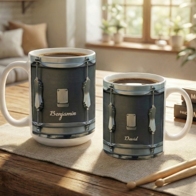 Personalized Black Vintage Drum Mug with Name, 11oz/15oz Ceramic Drumming Coffee Mug, Birthday/Anniversary Gift for Drummers/Music Enthusiasts/Friends