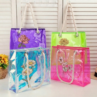 Custom Name Birth Flower Neon Color Tote Bag, Transparent PVC Beach Bag with Rope Handles, Bridal Shower Favor, Vacation/Birthday Gift for Women/Girls