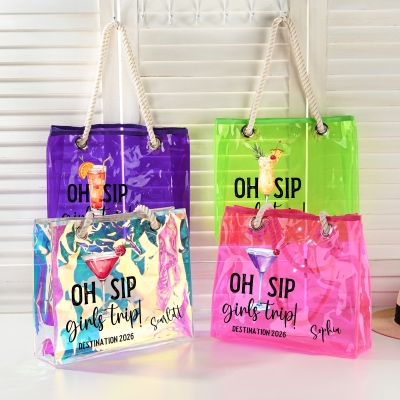 Custom Name Oh Sip Girls Trip Neon Color Tote Bag, Transparent PVC Beach Bag with Rope Handles, Travel Accessory, Vacation Gift for Besties/Girls