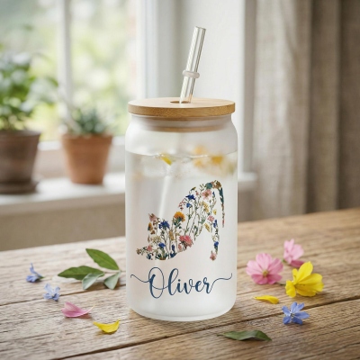 Personalized Floral Cat Tumbler with Name, 12oz Glass Cup with Straw & Bamboo Lid, Birthday Gift for Cat Lover