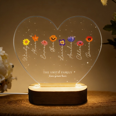 Personalized Names Birth Flowers Grandma’s Garden Heart-Shaped LED Night Light, Acrylic Night Lamp with Wooden Base, Mother’s Day Gift for Mom/Grandma