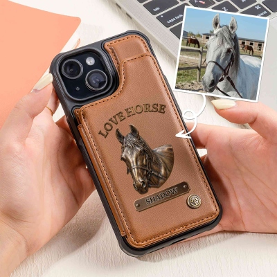 Personalized Name Horse Portrait Phone Case with Card Holder, RFID Blocking Kickstand Shockproof Wallet Case for iPhone/Samsung, Gift for Horse Lovers
