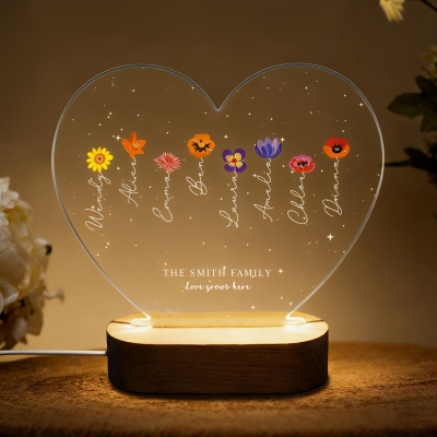 Personalisiertes LED-Nachtlicht in Herzform mit Namen, Geburtsblumen und dem Motiv „Omas Garten“, Acryl-Nachtlampe mit Holzsockel, Muttertagsgeschenk für Mama/Oma