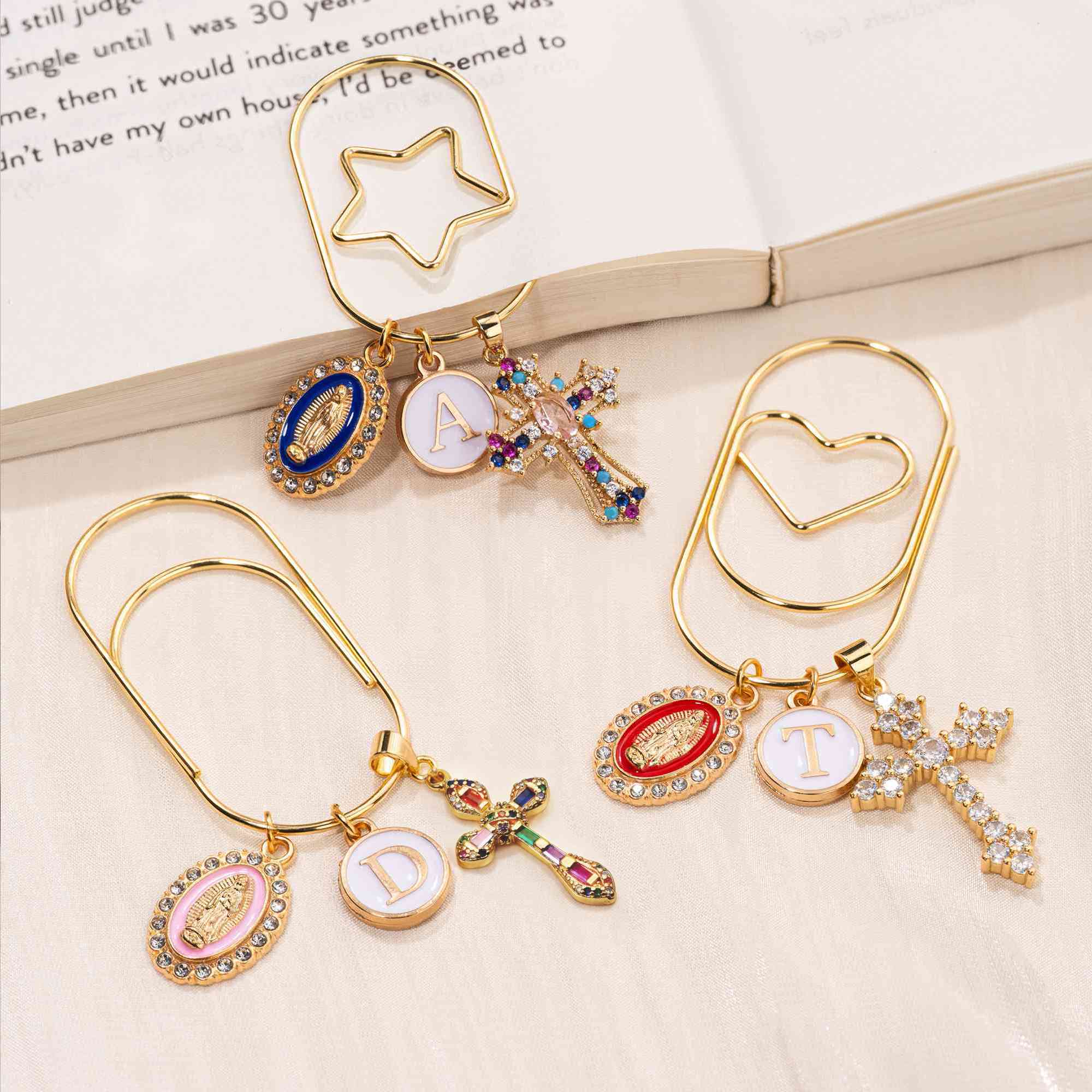 Custom Catholic Cross Paper Clip with Initial Charm, Our Lady of Guadalupe Bookmark, Reading Accessory, Birthday/Baptism Gift for Family/Friends/Her