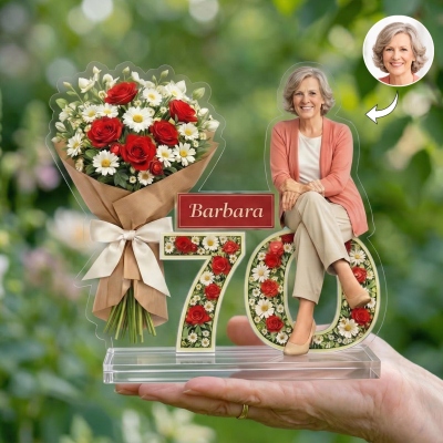 Custom Mom Photo Floral Celebration Plaque with Name, Acrylic Sentimental Milestone Sculpture, Home Decor, Mother's Day/Birthday Gift for Mom/Grandma