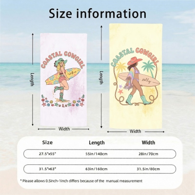 Personalized Name Boho Flirty Cowgirl Beach Towel, Quick Dry Microfiber Sand Towel, Summer Vacation/Beach Party Favor, Birthday Gift for Besties/Girls