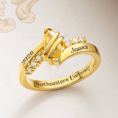 Personalized Engraved Graduation Birthstone Ring with Text and Zircons, Memorial Jewelry, Graduation Season/Birthday Gift for Student/Classmate