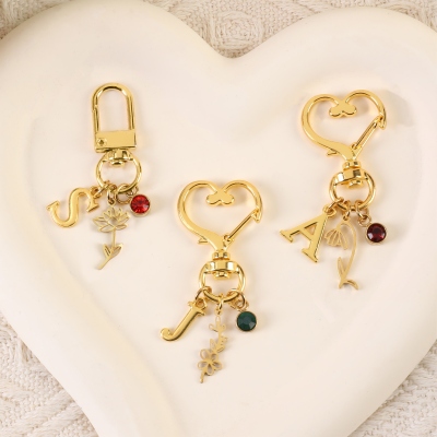 Personalized Birth Flower & Birthstone Heart Gold Keychain with Letter Charm, Unique Backpack Bag Purse Accessory, Birthday Gift for Her/Mom/Grandma