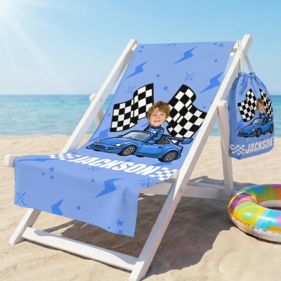 Custom Name Face Photo Cartoon Racing Character Beach Towel with Drawstring Bag, Quick Dry Microfiber Pool Towel, Vacation Gift for Kids/Racing Fans