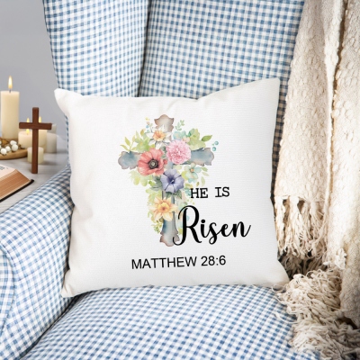 Personalized He Is Risen Bible Verse Pillow Cover with Cross and Birth Flower, Holiday Home Decor, Religious Easter Gift for Women Christian