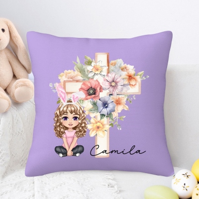Personalized Cross Birth Flower Cartoon Character Easter Bunny Pillowcase with Name, Holiday Home Decor, Easter Gift for Kids/Boys/Girls/Family