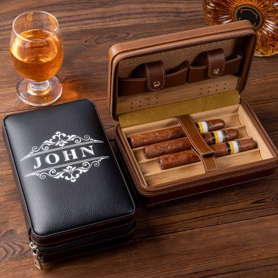 Personalized Humidor Cigar Case with Name, Portable PU Leather Cigar Box, Bachelor Party Favor, Wedding/Birthday Gift for Groomsman/Cigar Lovers