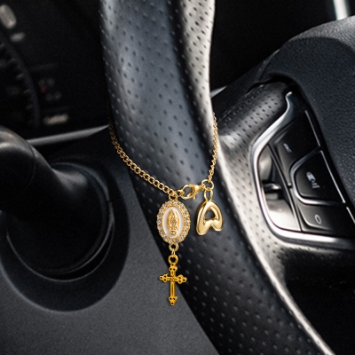 Custom Virgin Mary Cross Steering Wheel Rosary Charm with Bubble Initial, Car Accessory, Baptism/Christmas Gift for Christian Family/Friends/Drivers