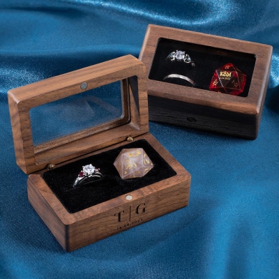 Personalized Transparent Wooden Ring Box, Proposal Ring Holder For Two Rings And One Custom D20, Wedding Ceremony Engraved Ring Box, Wedding Gifts