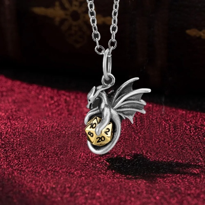 Tiny D20 Dice Dragon Pendant Necklace in Sterling Silver, Flying Dragon Necklace, Dice Necklace, Silver Necklace, Brass Necklace, DND Jewelry Gift