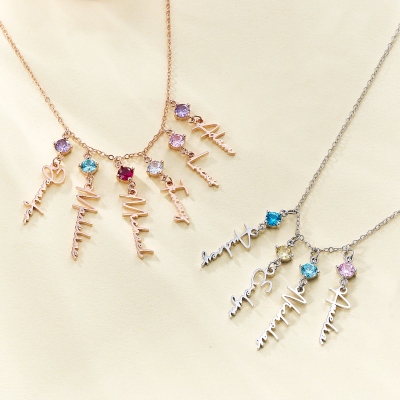 Custom 1-8 Name & Birthstone Charms Necklace, Sterling Silver 925 Family Necklace, Women's Jewelry, Birthday/Mother's Day Gift for Her/Mom/Grandma