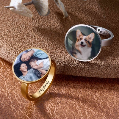 Personalized Photo Charm Ring with Inner Band Engraving, Custom Memory Jewelry, Birthday/Anniversary/Memorial Gift for Family/Couple/Pet Lovers