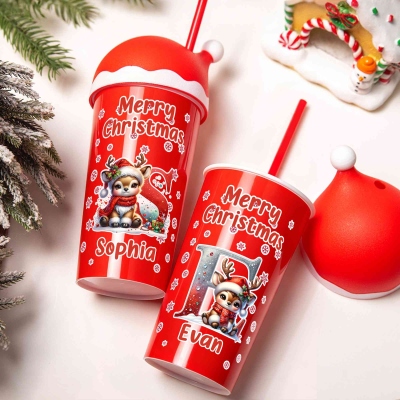 Custom Name Christmas Elk Alphabet Water Bottle, 20oz Kid's Cup with Santa Hat Lid & Straw, Holiday Party Favor, Christmas Gift for Kids/Boys/Girls