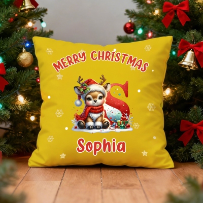 Personalized Name Christmas Elk Alphabet Throw Pillow Cover, Pillowcase with Optional Insert, Home Decor, Christmas Gift for Kids/Family/Friends