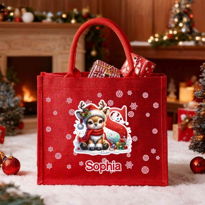 Personalized Name Cartoon Christmas Elk Alphabet Burlap Tote Bag, Large Capacity Red Jute Bag, Holiday Party Favor, Christmas Gift for Kids/Family