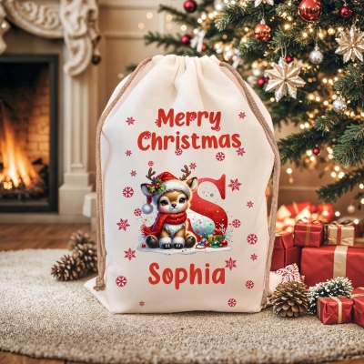 Personalized Name Cartoon Christmas Elk Alphabet Gift Bag, Canvas Christmas Sack with Drawstring, Holiday Party Favor, Christmas Gift for Kids/Family