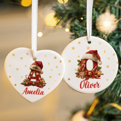 Personalized Name Christmas Wreath Plaid Alphabet Ceramic Ornament, Heart-Shaped/Round Christmas Tree Hanging Decor, Christmas Gift for Family
