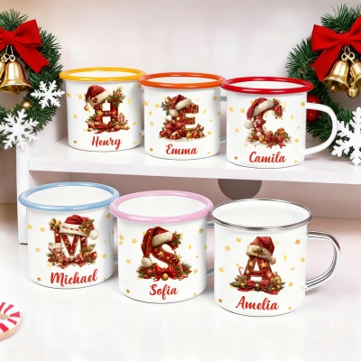 Personalized Name Christmas Wreath Plaid Alphabet Enamel Mug, 12oz Shatterproof Cup with Handle, Cocoa Milk Mug, Christmas Gift for Kids/Boys/Girls