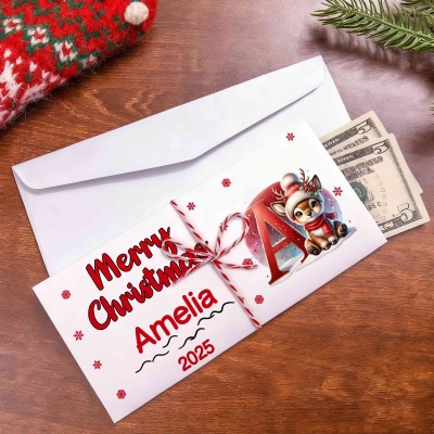Custom Name Cartoon Christmas Elk Alphabet Card Money Wallet with Envelope, Cash Holder, Christmas Stocking Stuffer, Christmas Gift for Kids/Family