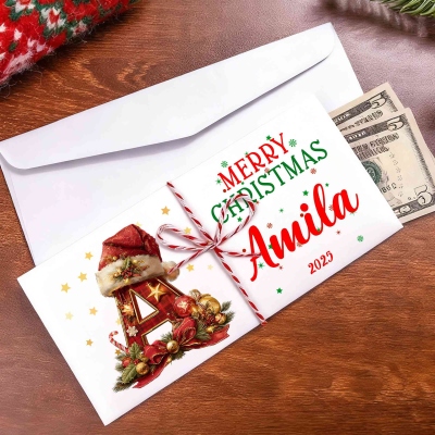 Custom Name Christmas Wreath Plaid Alphabet Card Money Wallet with Envelope, Cash Holder, Christmas Stocking Stuffer, Christmas Gift for Kids/Family