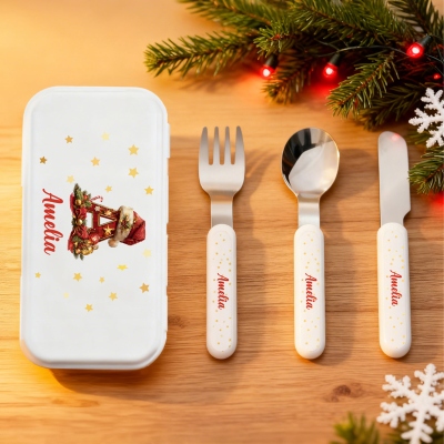 Custom Name Christmas Wreath Plaid Alphabet Cutlery Set with Box, Food Grade Stainless Steel Knife, Fork & Spoon Set, Christmas Gift for Kids/Toddlers