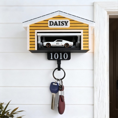 Personalized Name & Number 3D Printed Car Garage Key Holder with Opening Door, Mini Car Models Display Key Organizer for Wall, Gift for Car Lovers