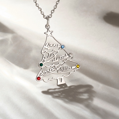 Personalized Christmas Tree Necklace with 1-5 Names & Birthstones, Family Birthstone Necklace, Women's Jewelry, Christmas Gift for Her/Mom/Grandma