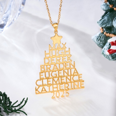Personalized Christmas Tree Necklace with 2-8 Names, Sterling Silver 925 Dainty Family Name Necklace, Christmas Gift for Wife/Mom/Grandma/Family