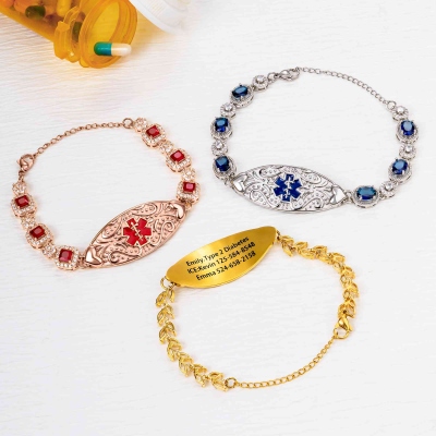 Custom Engraved Medical Alert ID Bracelet with Zircon, Stainless Steel Allergy Diabetes Emergency Medical Bracelet for Women, Gift for Family/Patients