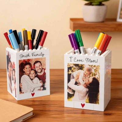Personalized Photo Building Blocks Pencil Holder, Office/Study Pen Stand Desk Organizer, Father's Day/Mother's Day/Birthday Gift for Dad/Mom/Family
